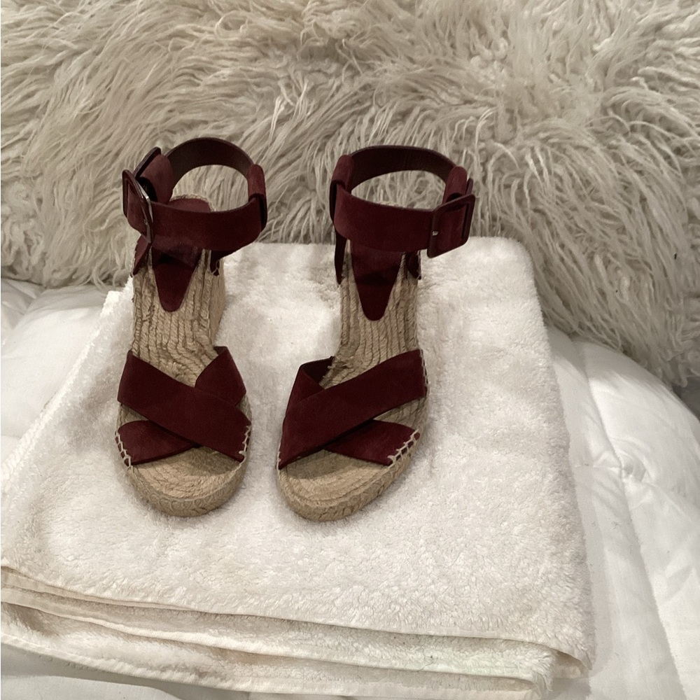 Vince Burgundy Espadrille Wedge Sandals